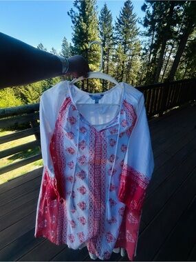 Indigo White Blouse with Red Boho Print